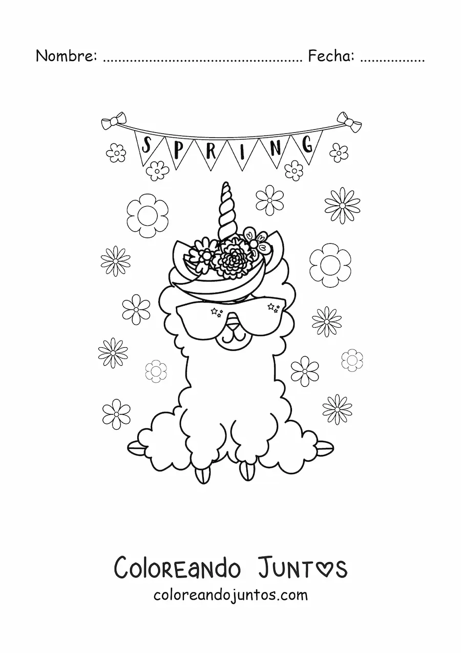 Imagen para colorear de primavera en inglés con llama kawaii