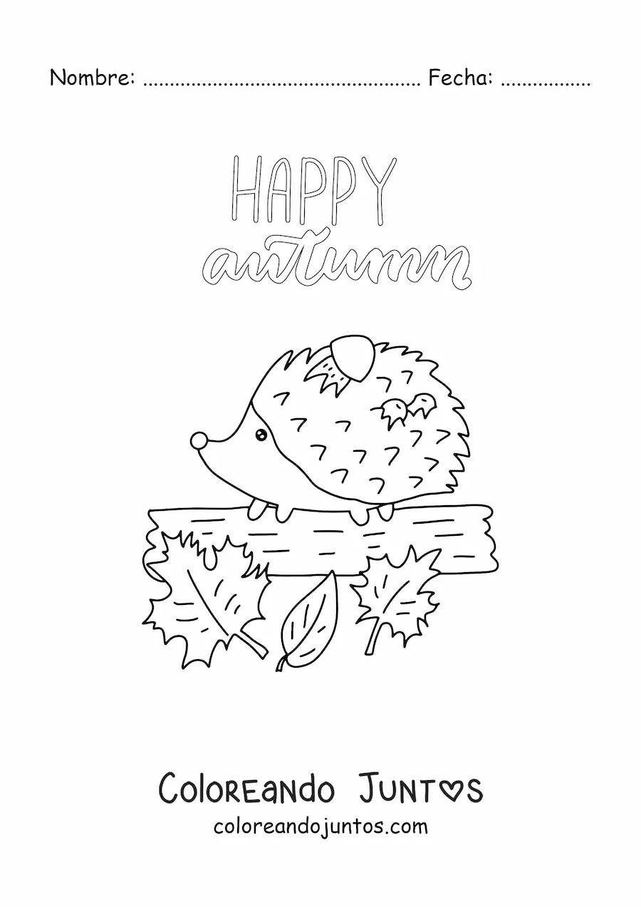 Imagen para colorear de otoño en inglés con puercoespín kawaii