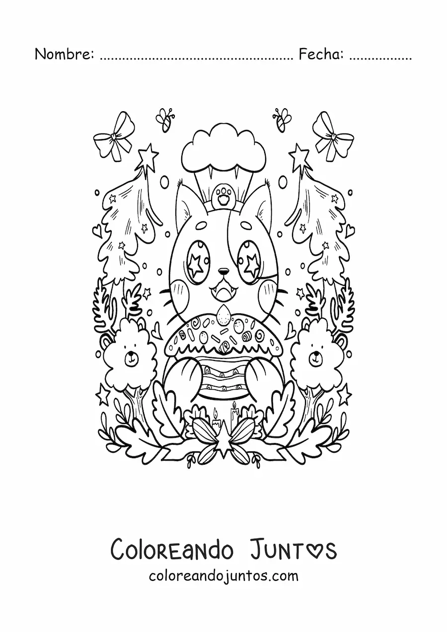 Imagen para colorear de chef gato kawaii animado con un pastel