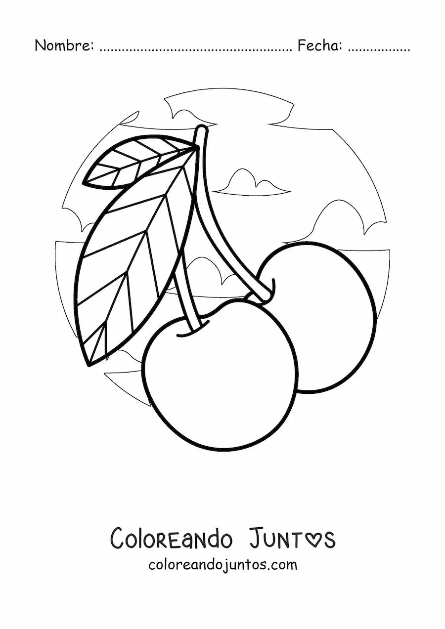 Imagen para colorear de dos cerezas con nubes de fondo