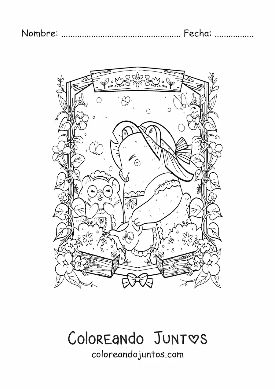 Imagen para colorear de hámsters kawaii animados regando las plantas