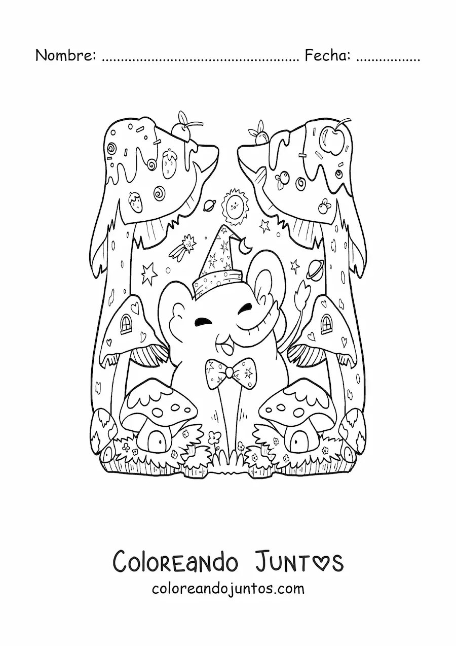 Imagen para colorear de elefante kawaii animado con hongos de fantasía