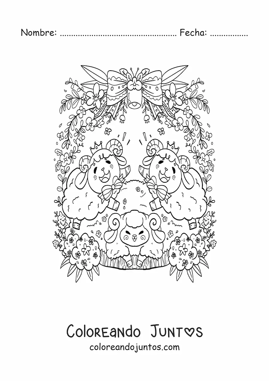 Imagen para colorear de carneros kawaii animados con flores