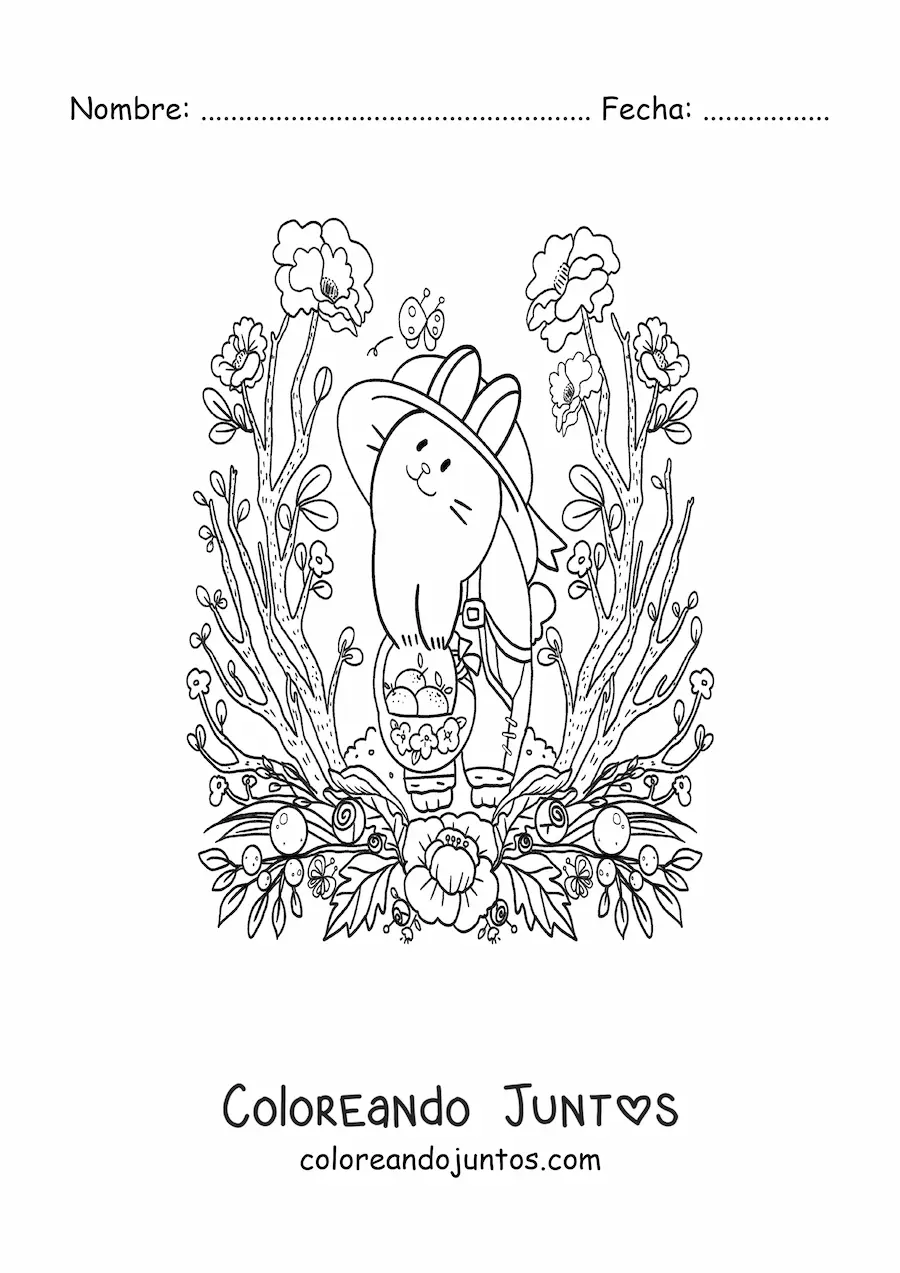 Imagen para colorear de conejito kawaii animado cosechando naranjas