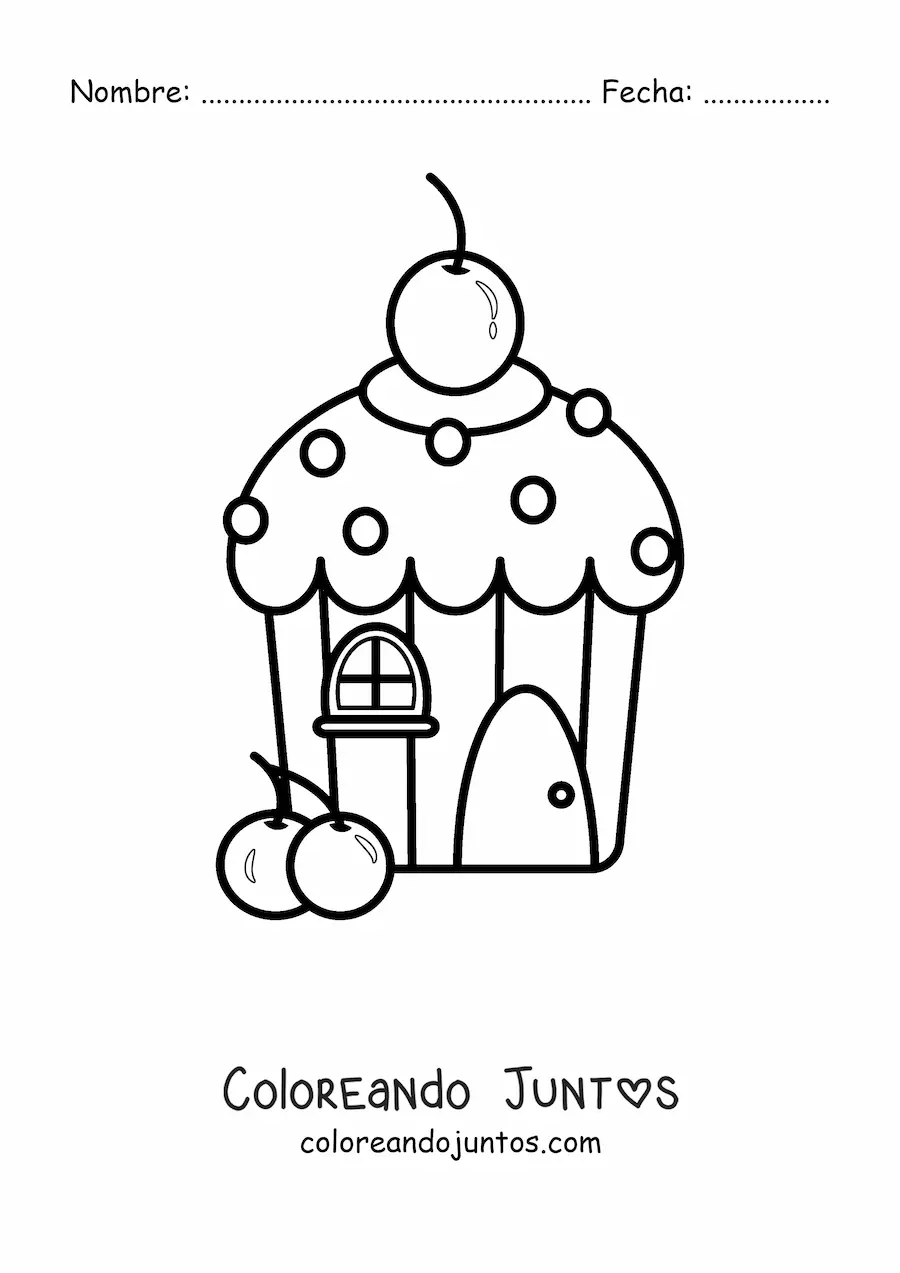Imagen para colorear de una casa de cupcake con una cereza en el techo