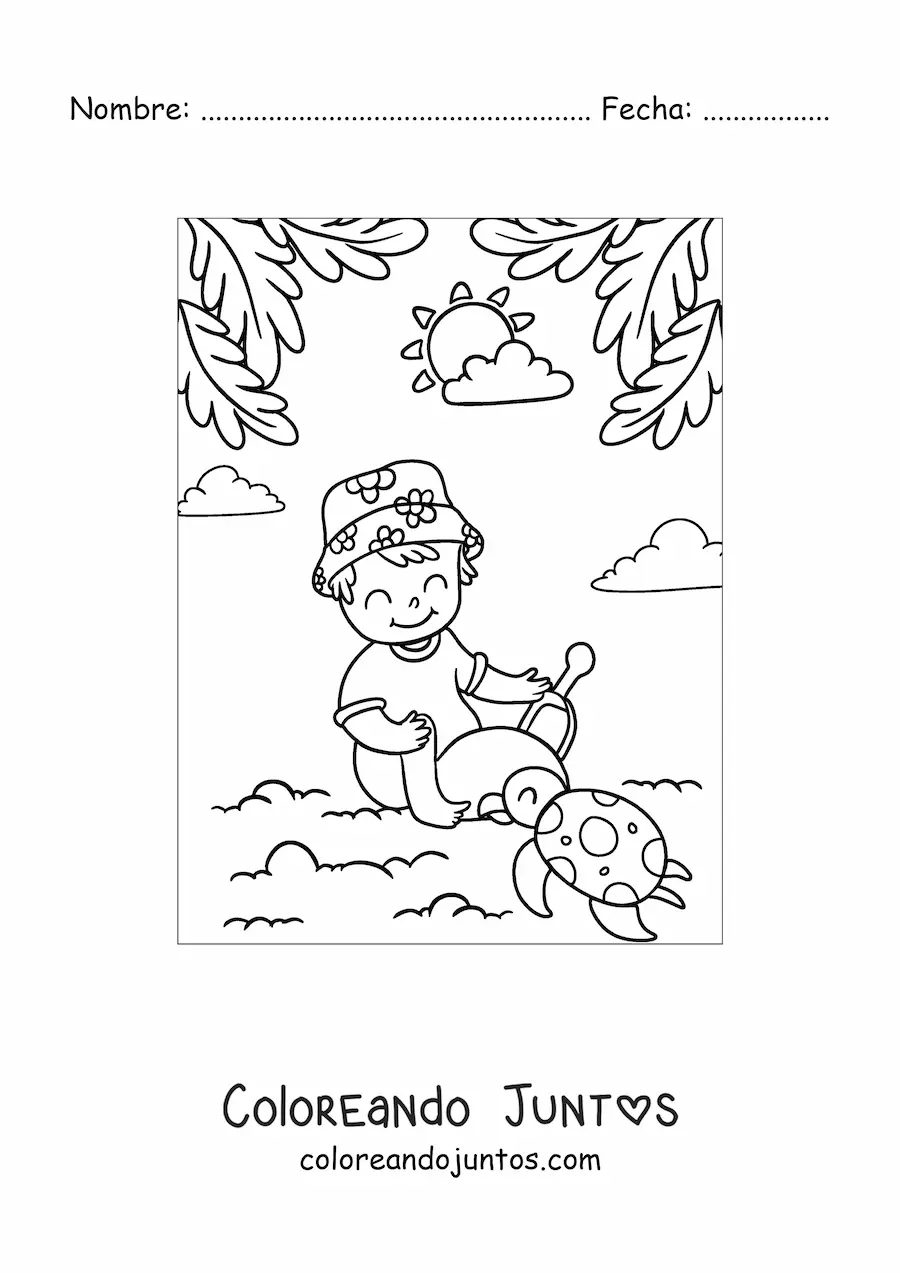 Imagen para colorear de niño jugando con tortuga en la playa