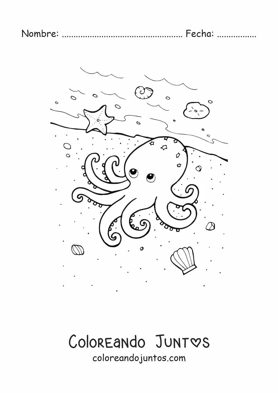 Imagen para colorear de pulpo en orilla del mar