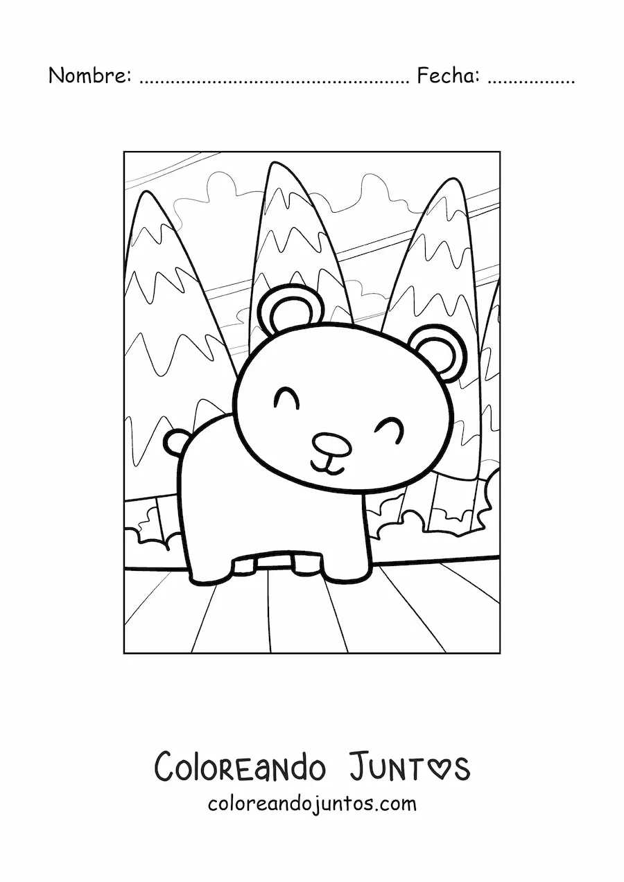Imagen para colorear de osito kawaii en el bosque