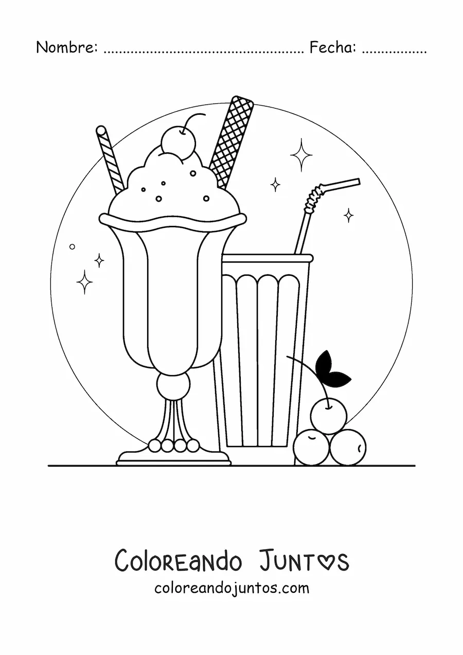 Imagen para colorear de un helado con cerezas y un vaso con popote