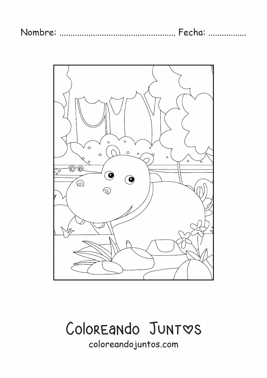 Imagen para colorear de hipopótamo salvaje animado