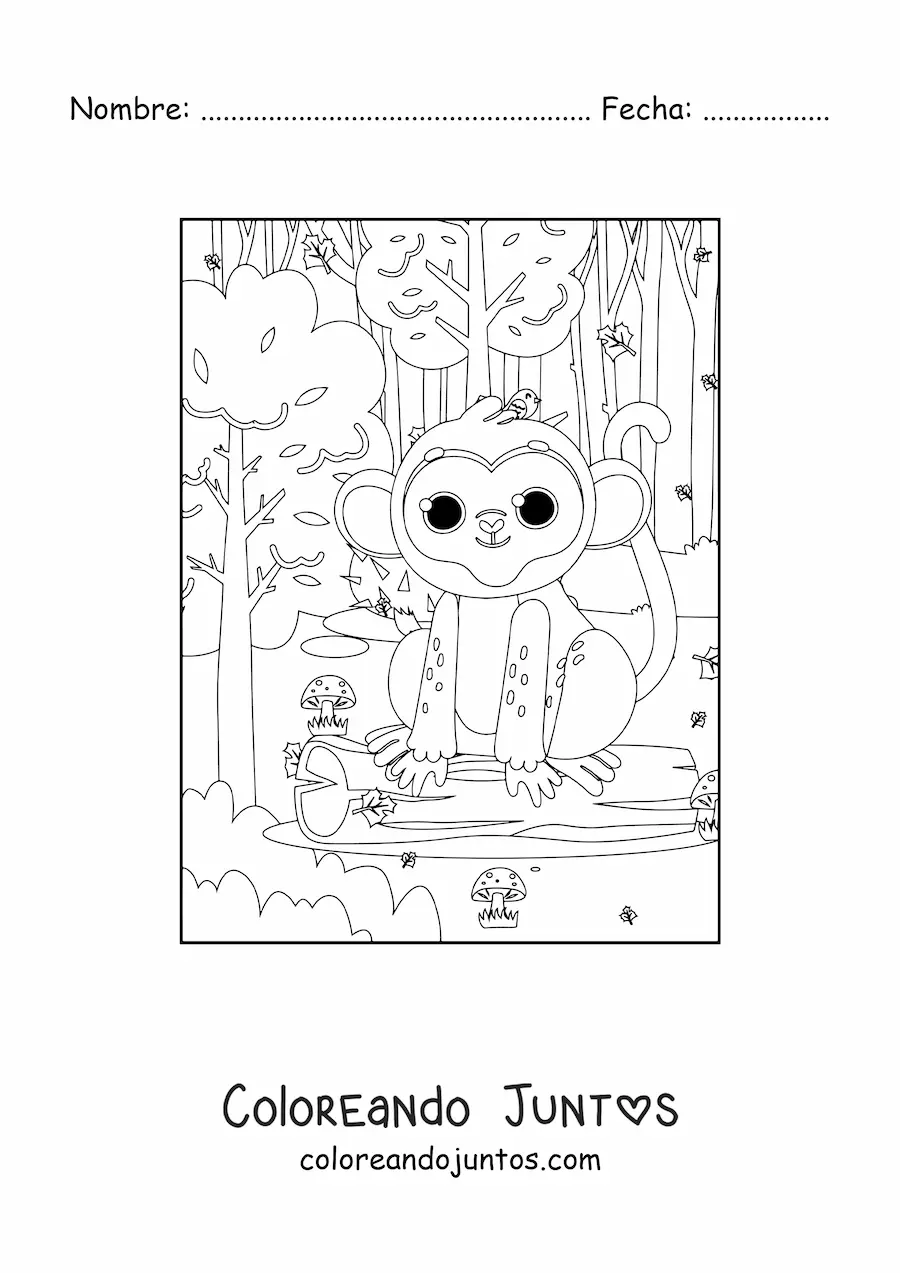 Imagen para colorear de mono de selva tropical kawaii