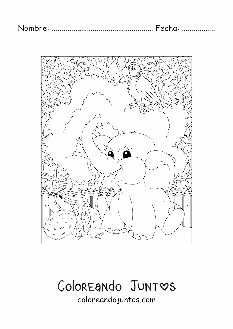 Imagen para colorear de elefante kawaii en la selva