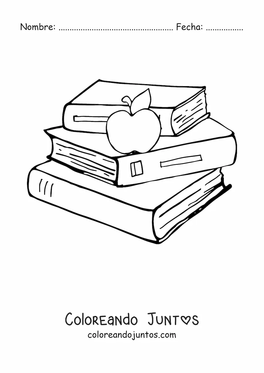 Imagen para colorear de una manzana sobre una pila de libros escolares