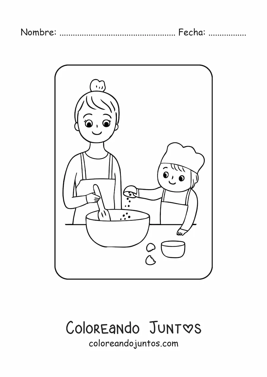 Imagen para colorear de hijo cocinando con su madre en el Día de las Madres