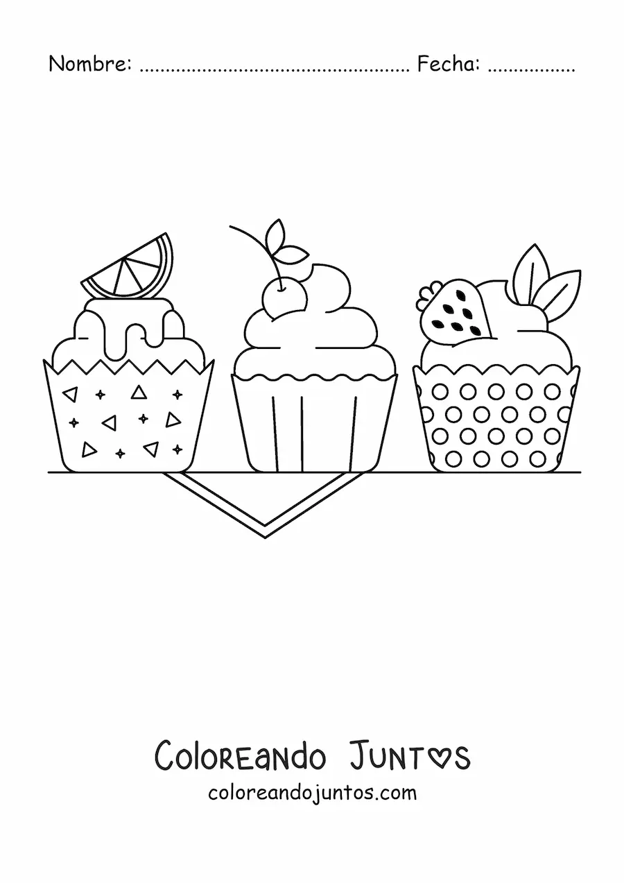 Imagen para colorear de tres cupcakes decorados con limón, cereza y fresa