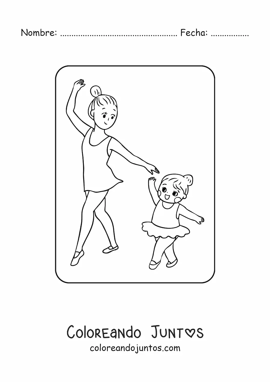 Imagen para colorear de niña kawaii bailando ballet con su mamá en el Día de las Madres
