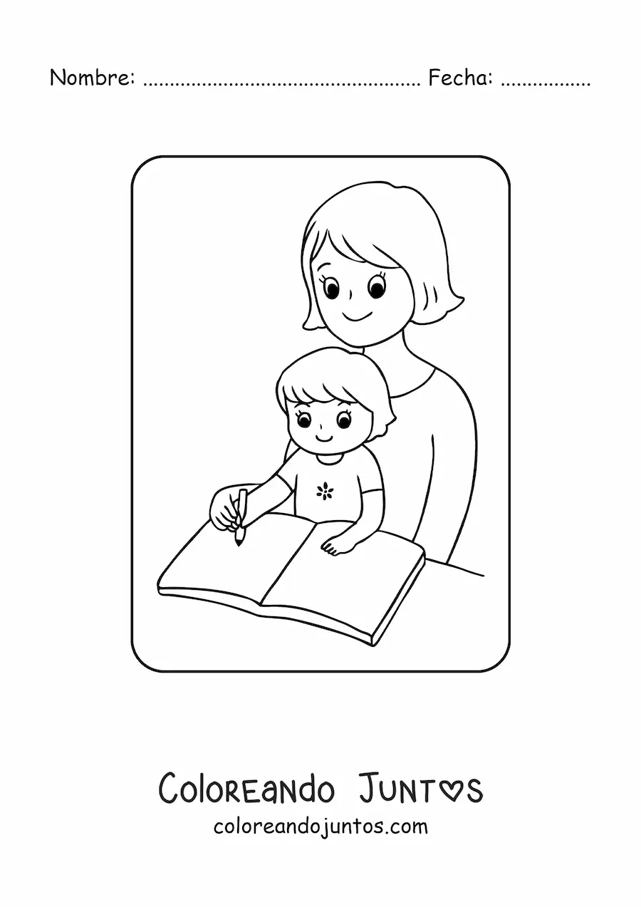 Imagen para colorear de niña kawaii haciendo tarea con su mamá en el Día de las Madres