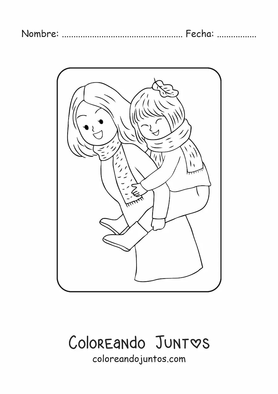 Imagen para colorear de mamá kawaii cargando a su hija