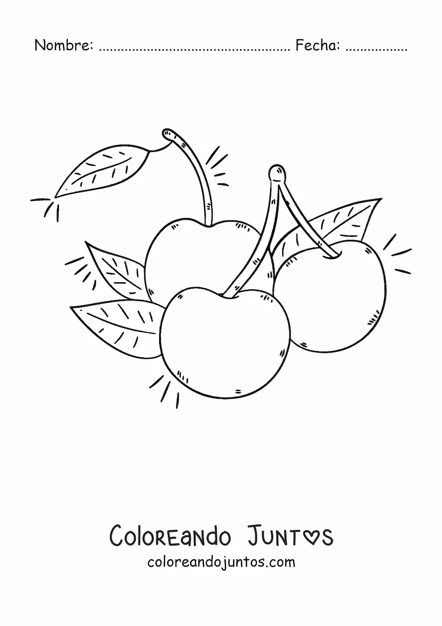 Imagen para colorear de tres cerezas con sus hojas