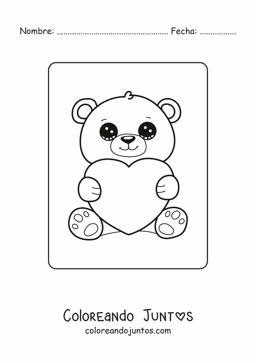 Imagen para colorear de oso kawaii con corazón de San Valentín