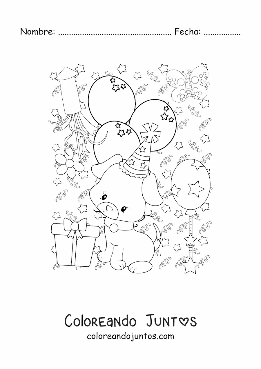 Imagen para colorear de perro animado con globos de Año Nuevo