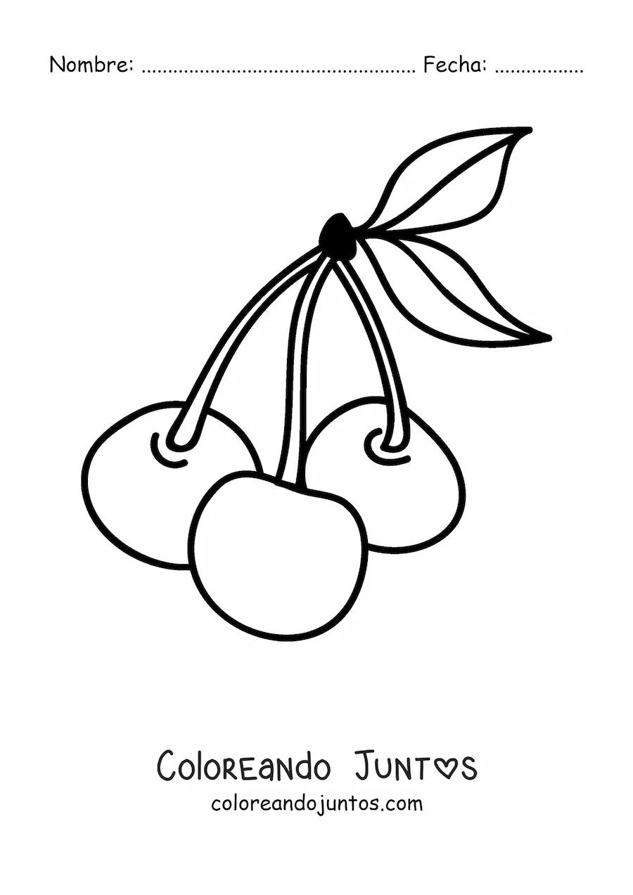 Imagen para colorear de tres cerezas con hojas