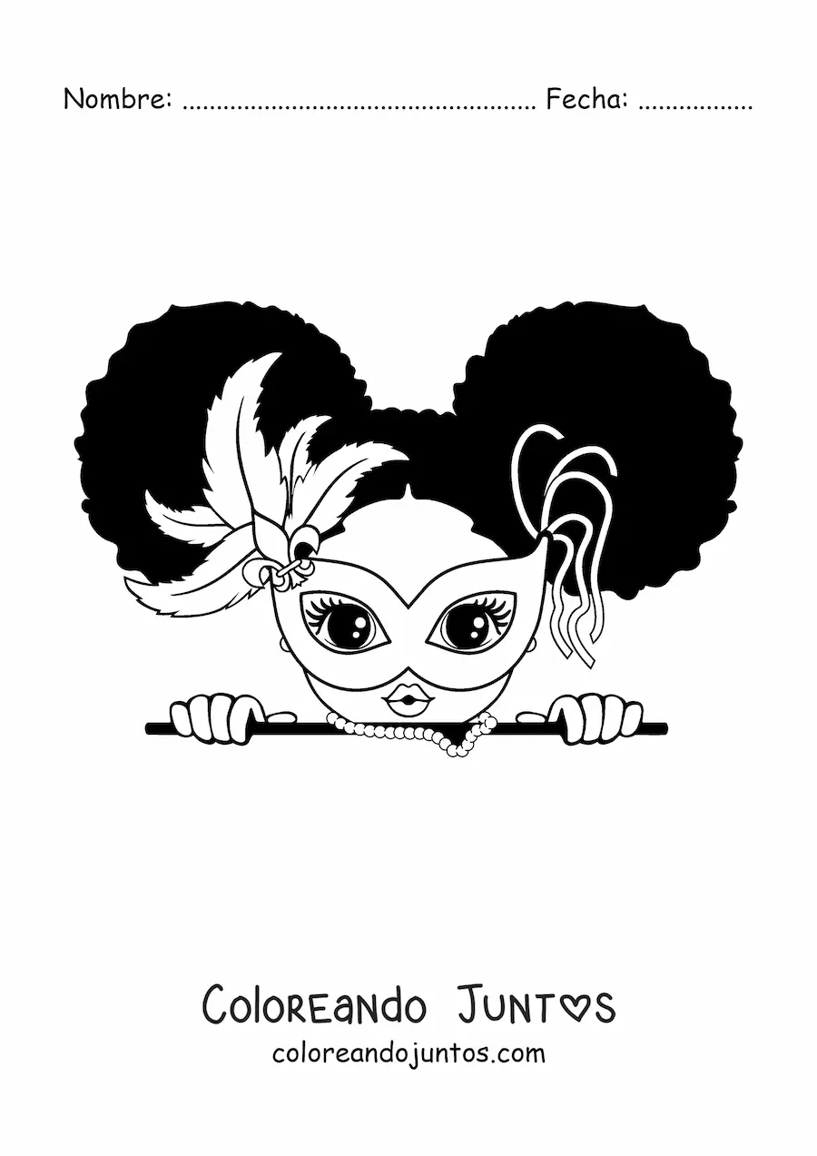 Imagen para colorear de niña kawaii con máscara de Carnaval
