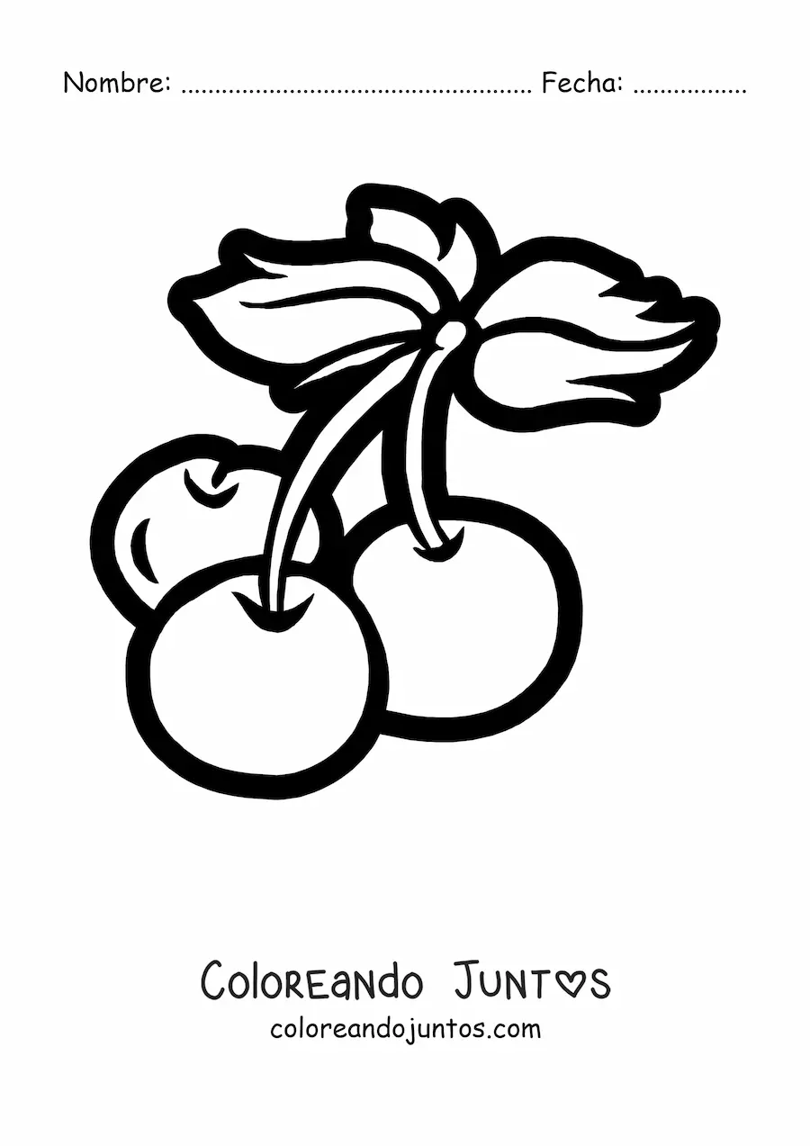 Imagen para colorear de tres cerezas con hojas