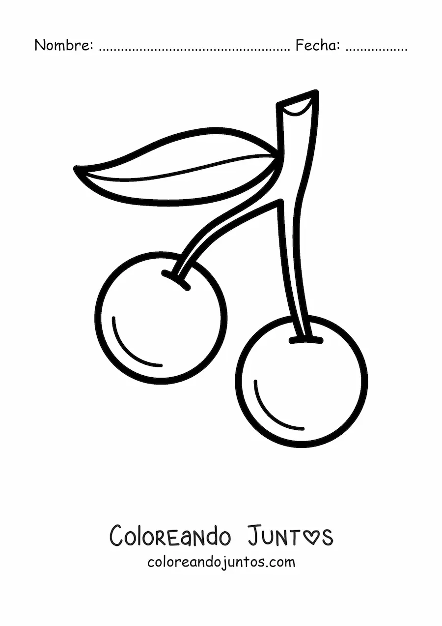 Imagen para colorear de dos cerezas con una hoja