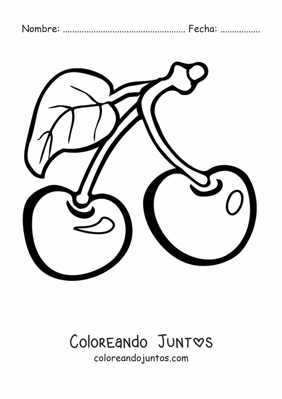 Imagen para colorear de dos cerezas con una hoja