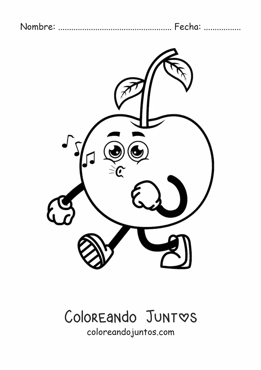Imagen para colorear de una cereza animada caminando y silbando
