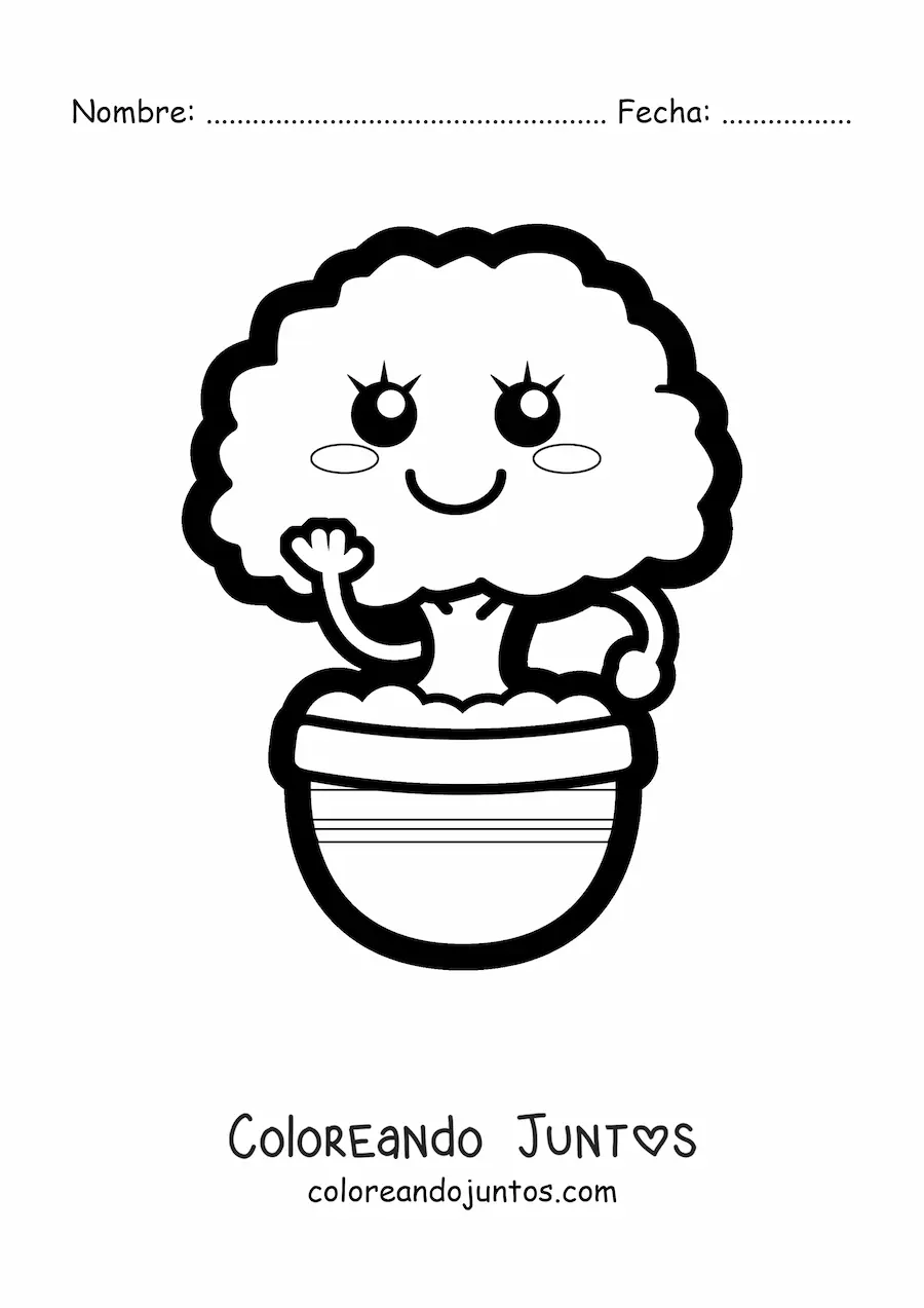 Imagen para colorear de árbol bonsái kawaii en una maceta fácil