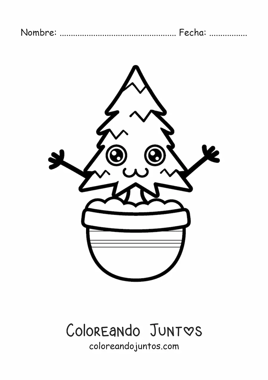 Imagen para colorear de pino kawaii animado en una maceta fácil
