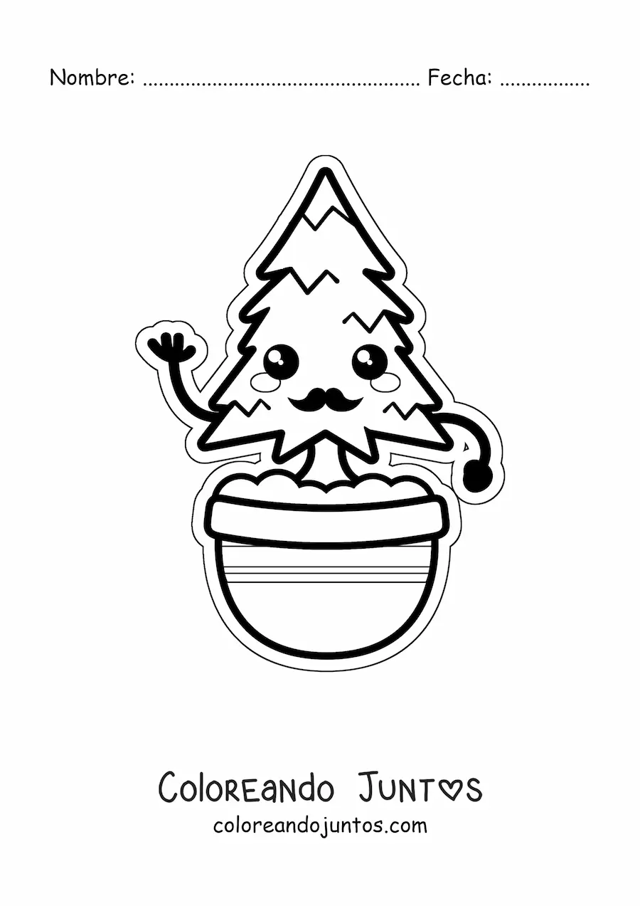 Imagen para colorear de pino kawaii animado con bigote en una maceta
