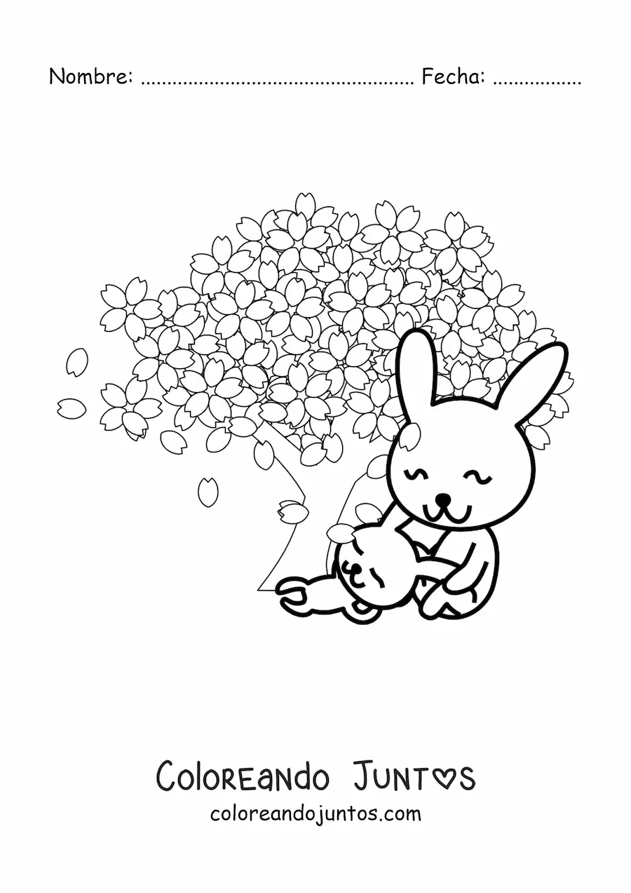 Imagen para colorear de conejos animados junto a árbol de cerezo