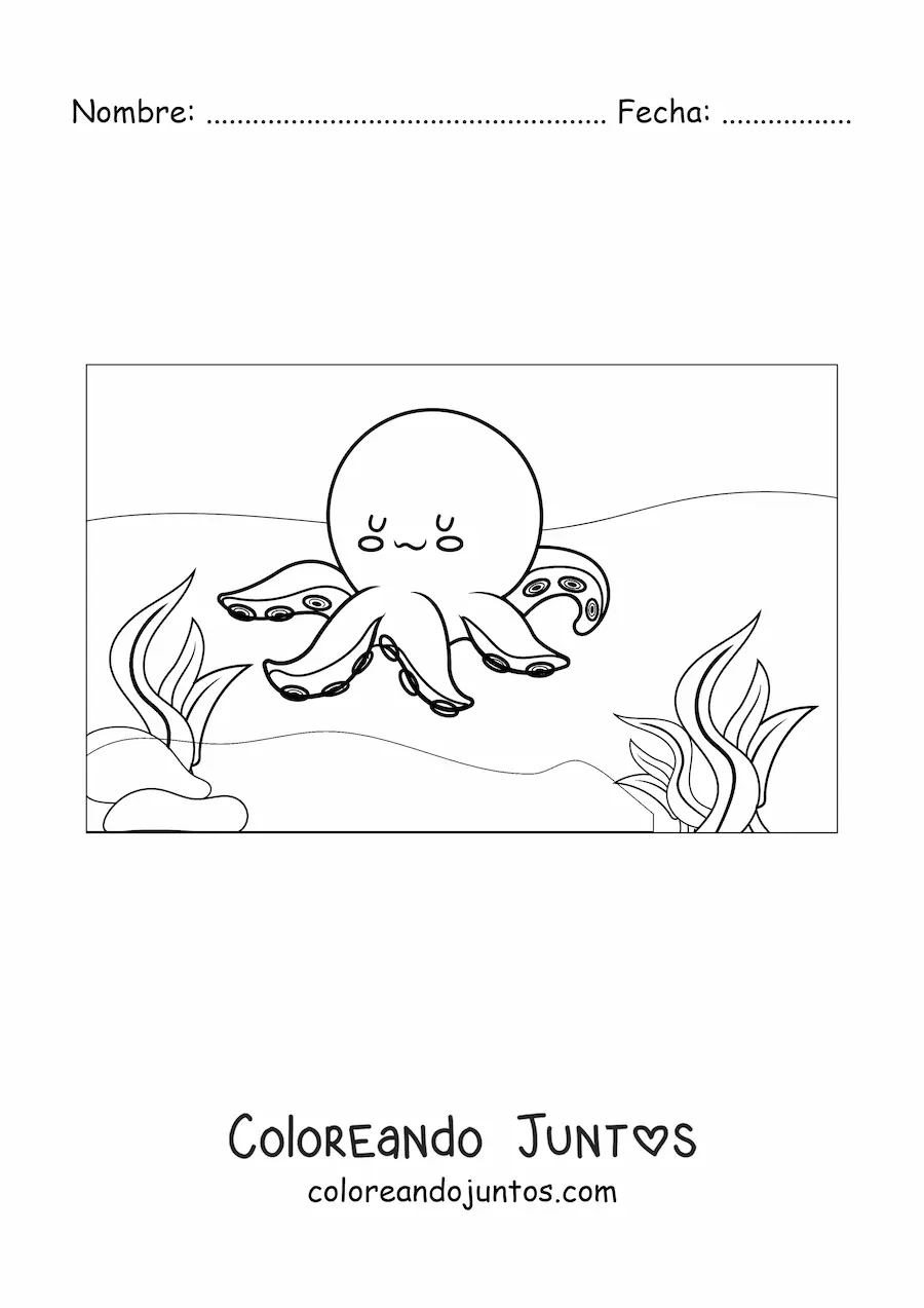 Imagen para colorear de pulpo kawaii con algas en el mar
