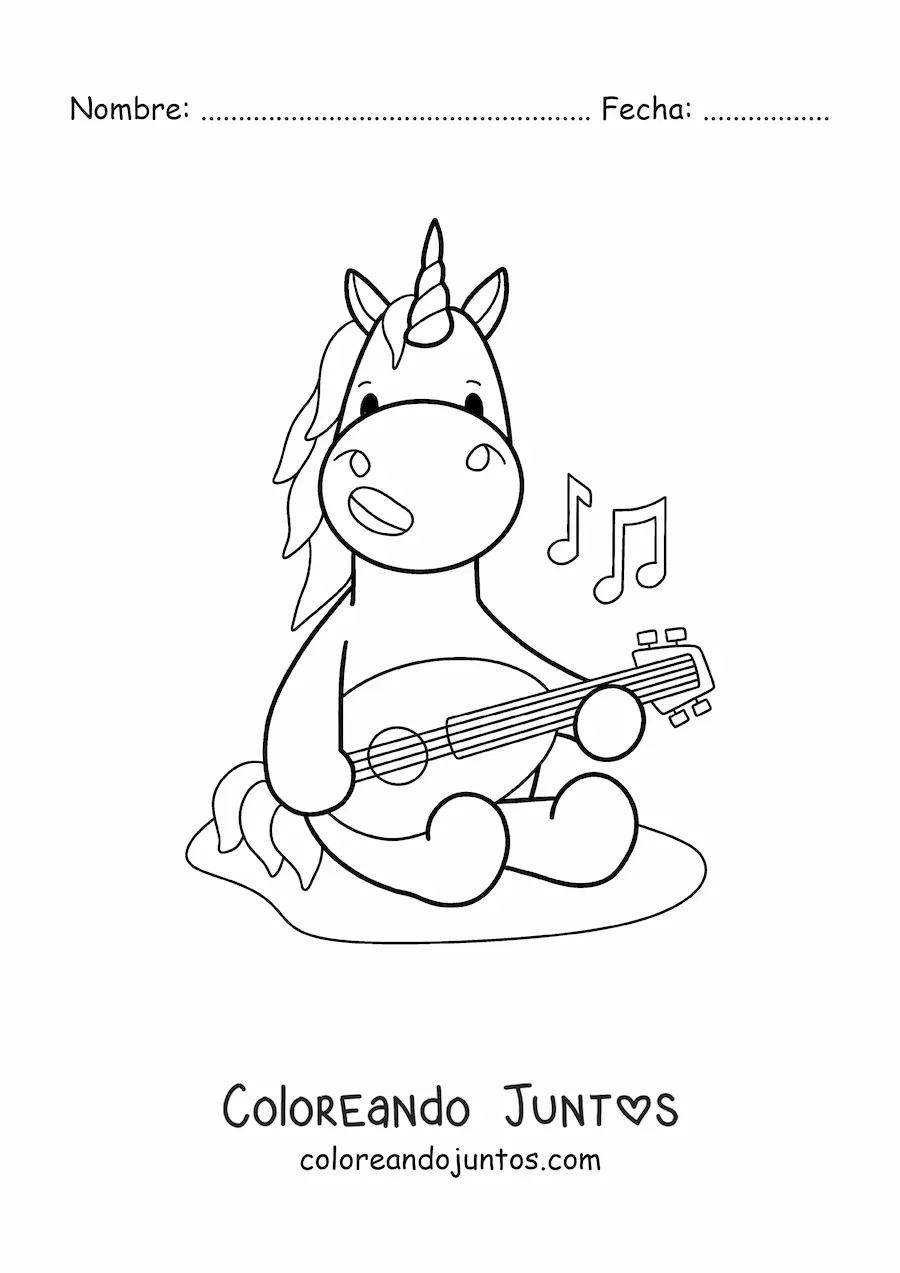 Imagen para colorear de unicornio kawaii tocando un laúd