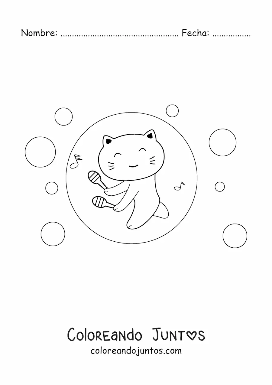 Imagen para colorear de gato kawaii animado tocando maracas