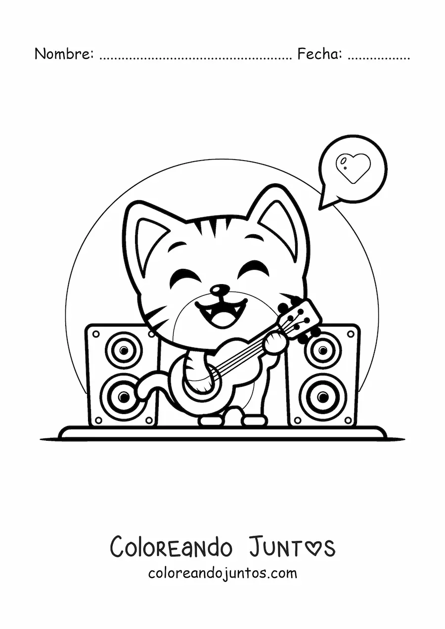 Imagen para colorear de gato kawaii tocando guitarra en un concierto