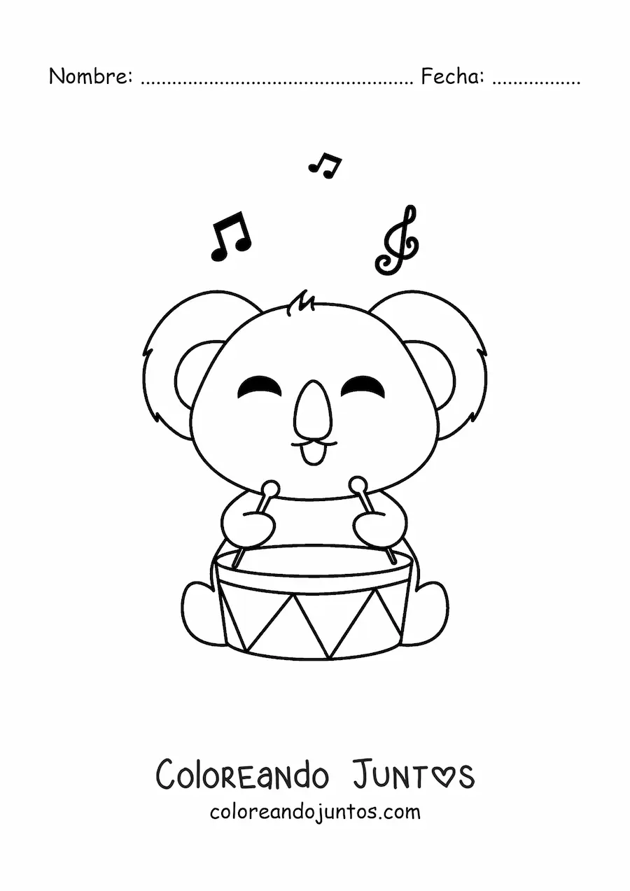 Imagen para colorear de koala kawaii tocando el tambor