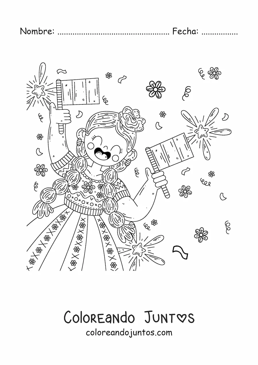 Imagen para colorear de niña con bandera de México