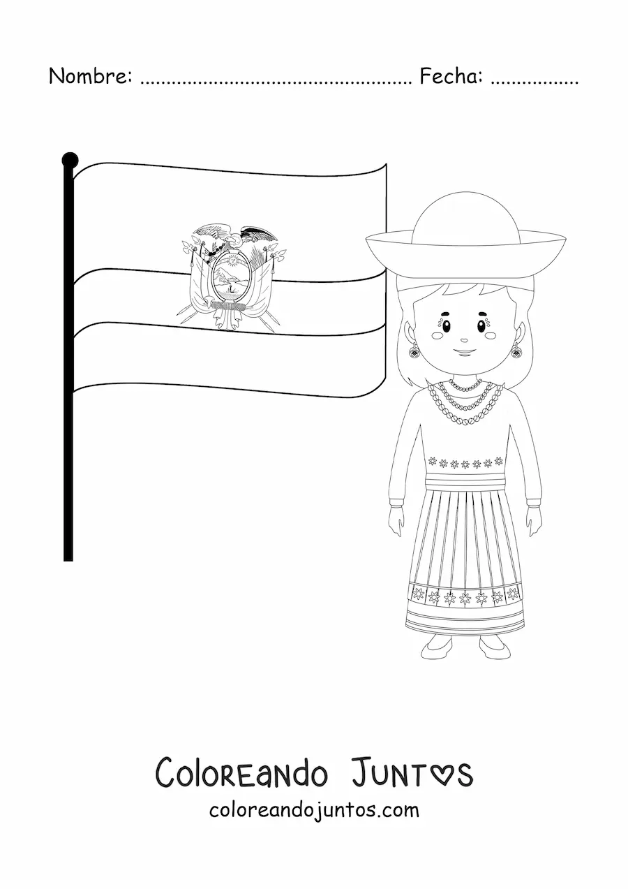 Imagen para colorear de mujer con bandera de Ecuador