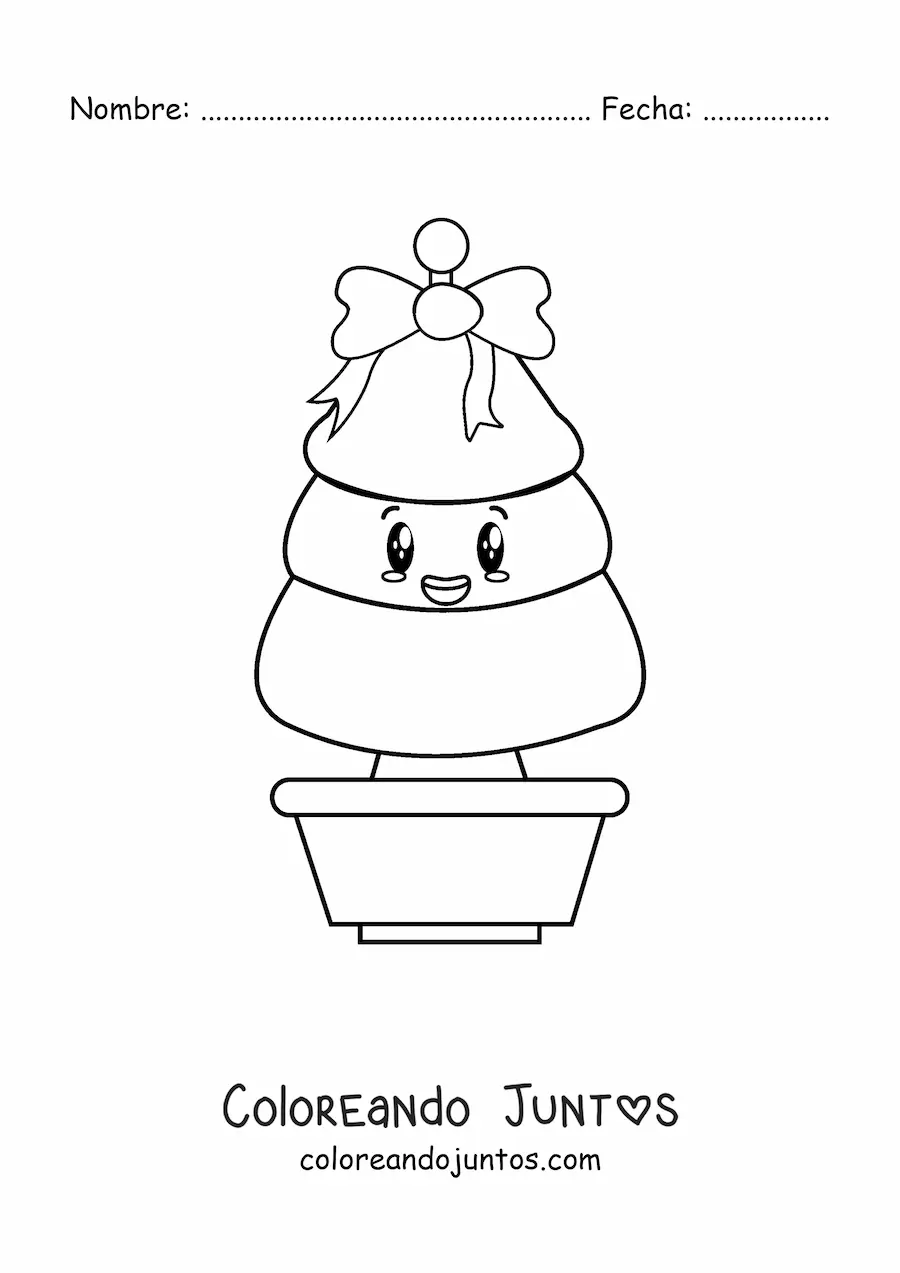 Imagen para colorear de árbol navideño kawaii con lazo