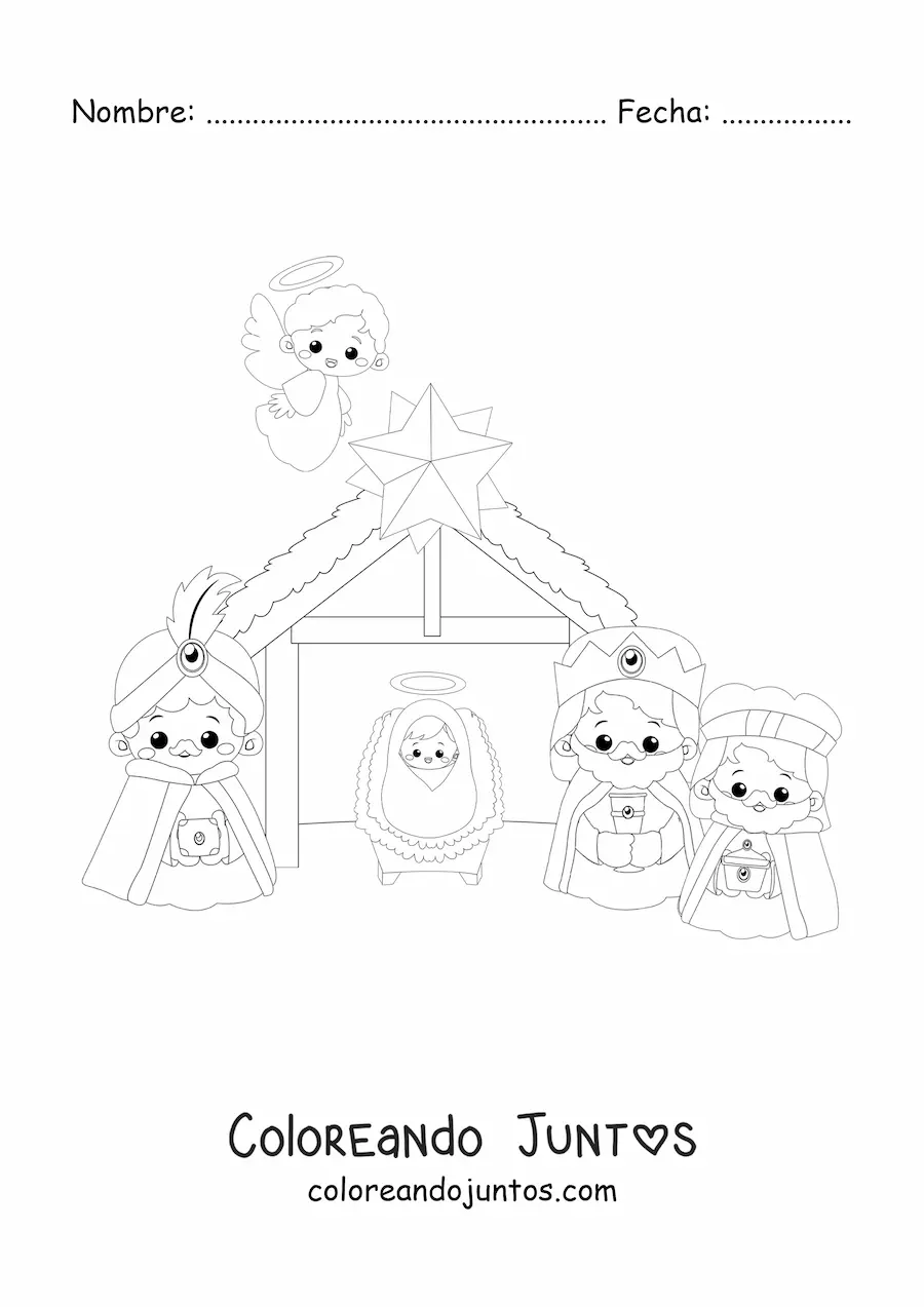 Imagen para colorear de reyes magos kawaii con el niño Jesús