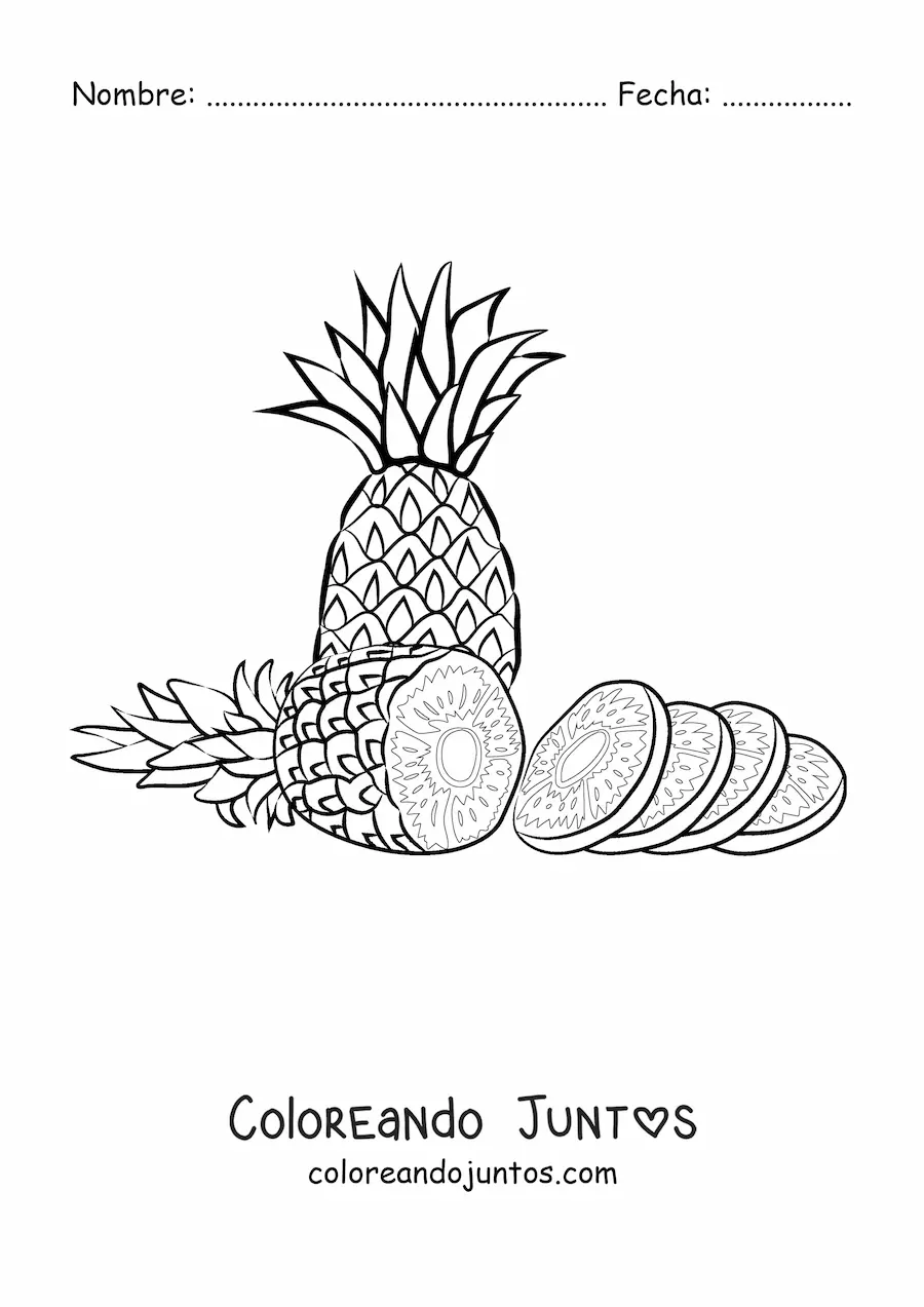 Imagen para colorear de una piña rebanada en trozos y otra piña detrás