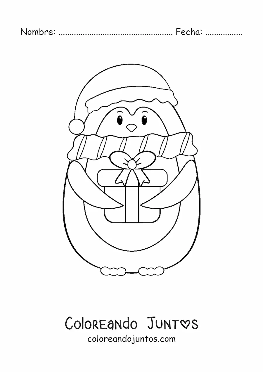 Imagen para colorear de pingüino con regalo de Navidad
