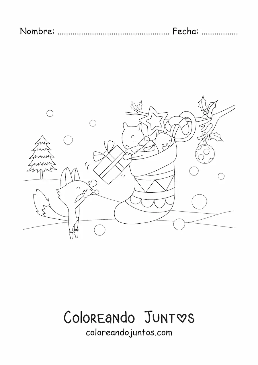 Imagen para colorear de ardilla y zorro kawaii con calcetín navideño