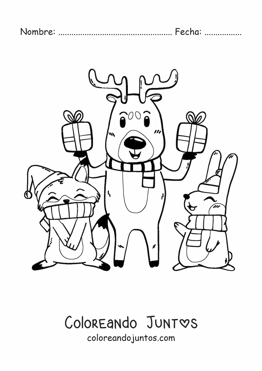 Imagen para colorear de reno de Navidad con animales kawaii y regalos