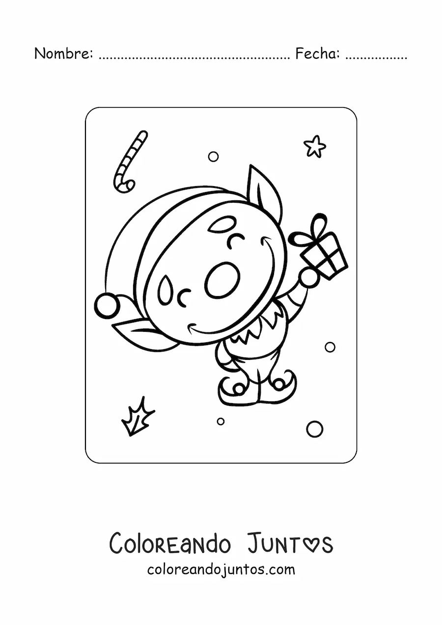 Imagen para colorear de elfo de Navidad animado con regalo