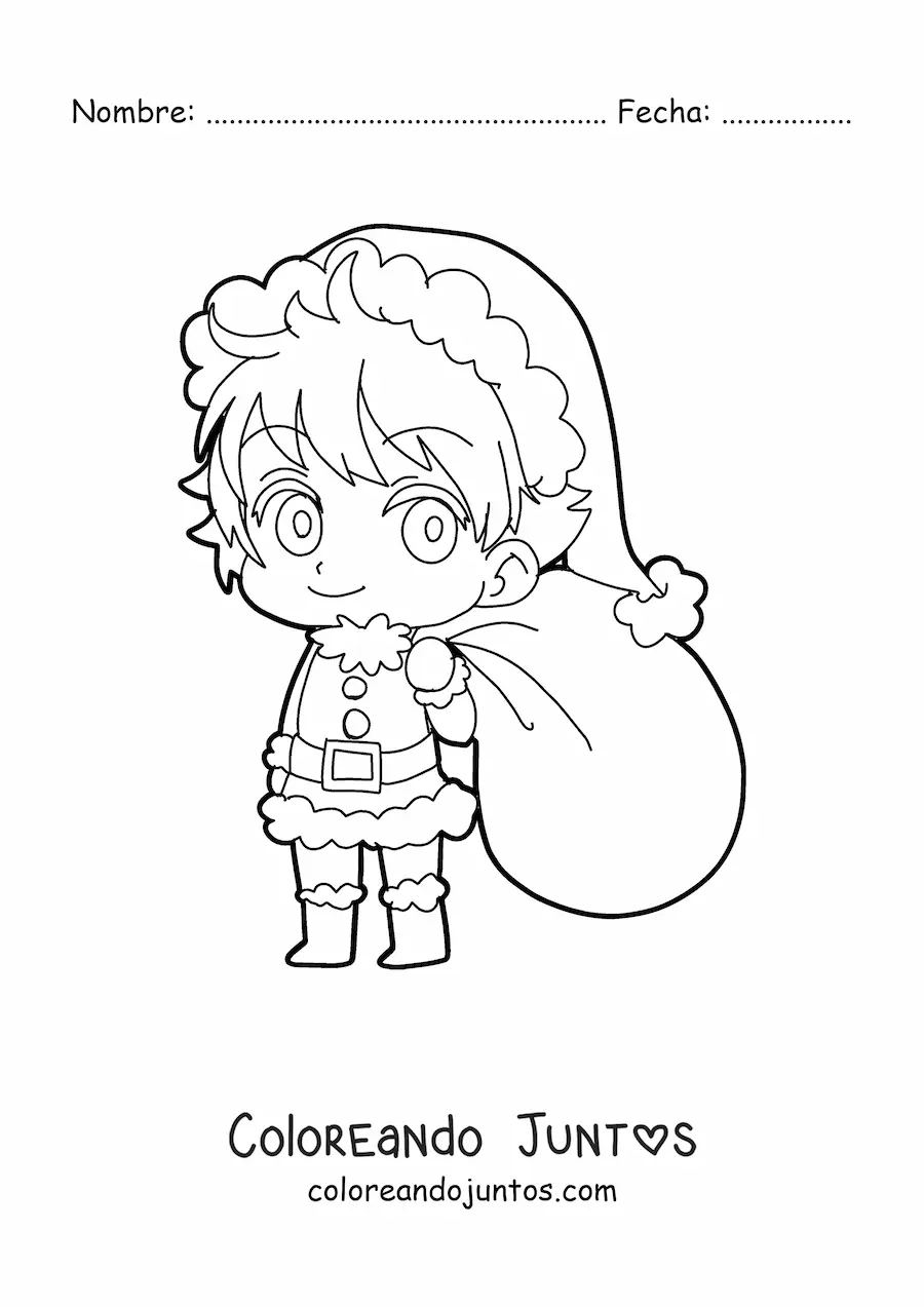 Imagen para colorear de niño kawaii con ropa navideña y saco de regalos estilo anime